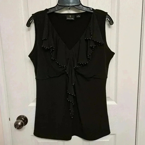 Travel by  Tribal Black Beaded Top Sleeveless Ruffle Women's Medium Embellished - Picture 12 of 12